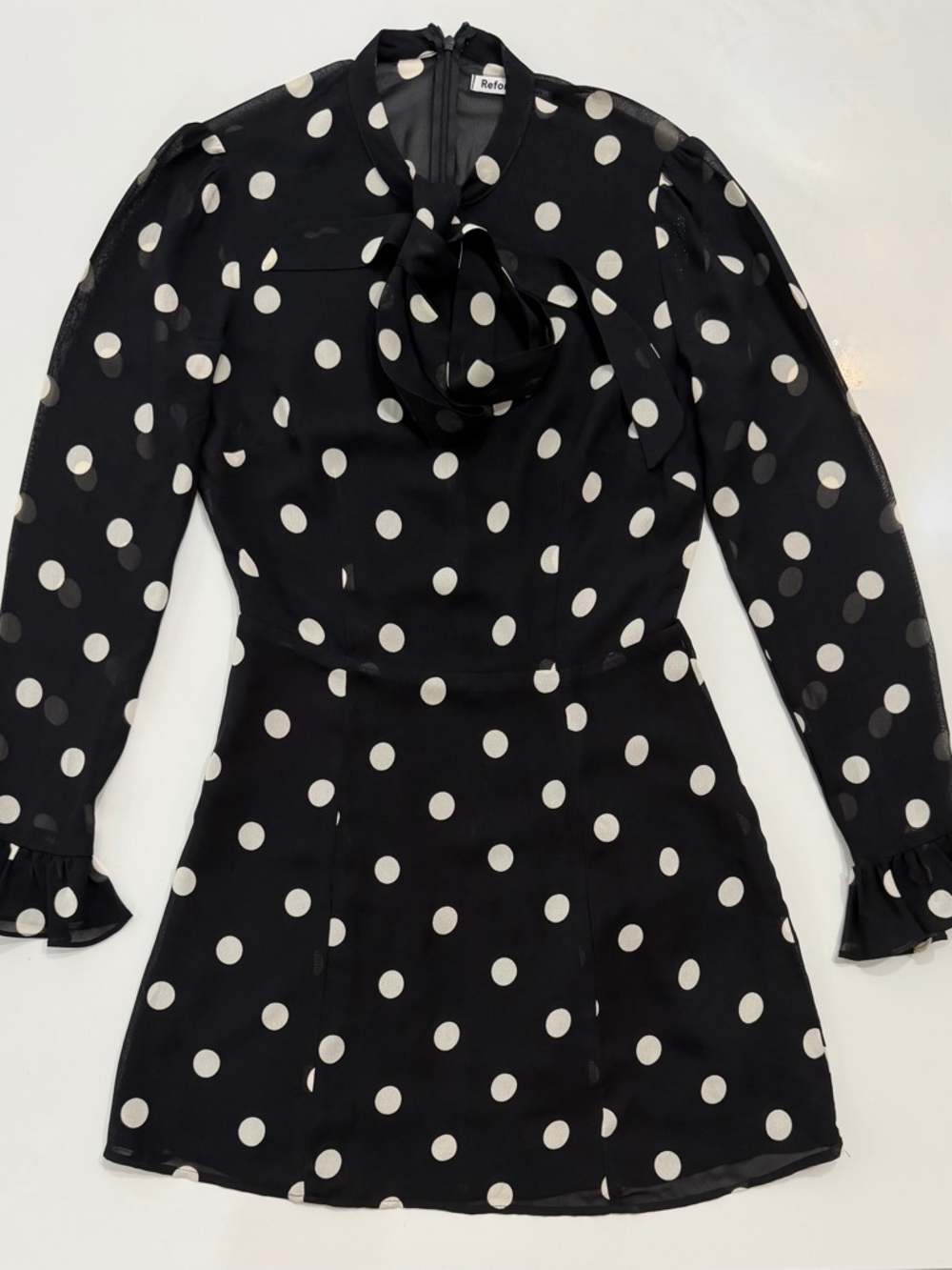 Reformation Fox Polka Dot Mini Dress Black White Tie Neck Size 4 EUC - Picture 3 of 9